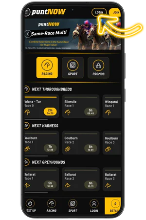 PuntNow homepage showing registration button in top right corner for Australian punters