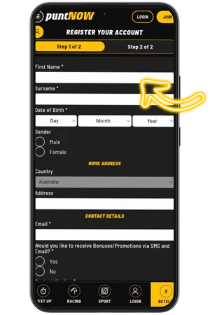 PuntNow registration form stage one requiring email address and password creation