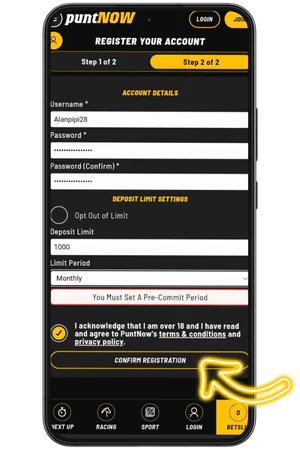 PuntNow registration form stage two with personal details and referral code field"